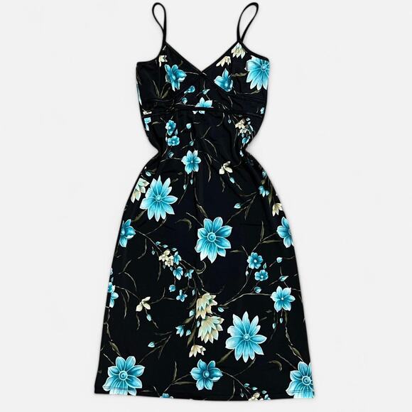 VTG Y2K Papaya Black & Blue Floral Form Fitting Grunge Fairy Midi / Mini Dress S - Picture 1 of 7
